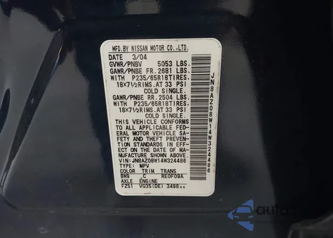 2004 Nissan Murano Sl z USA, uszkodzony, nr VIN JN8AZ08W14W324486